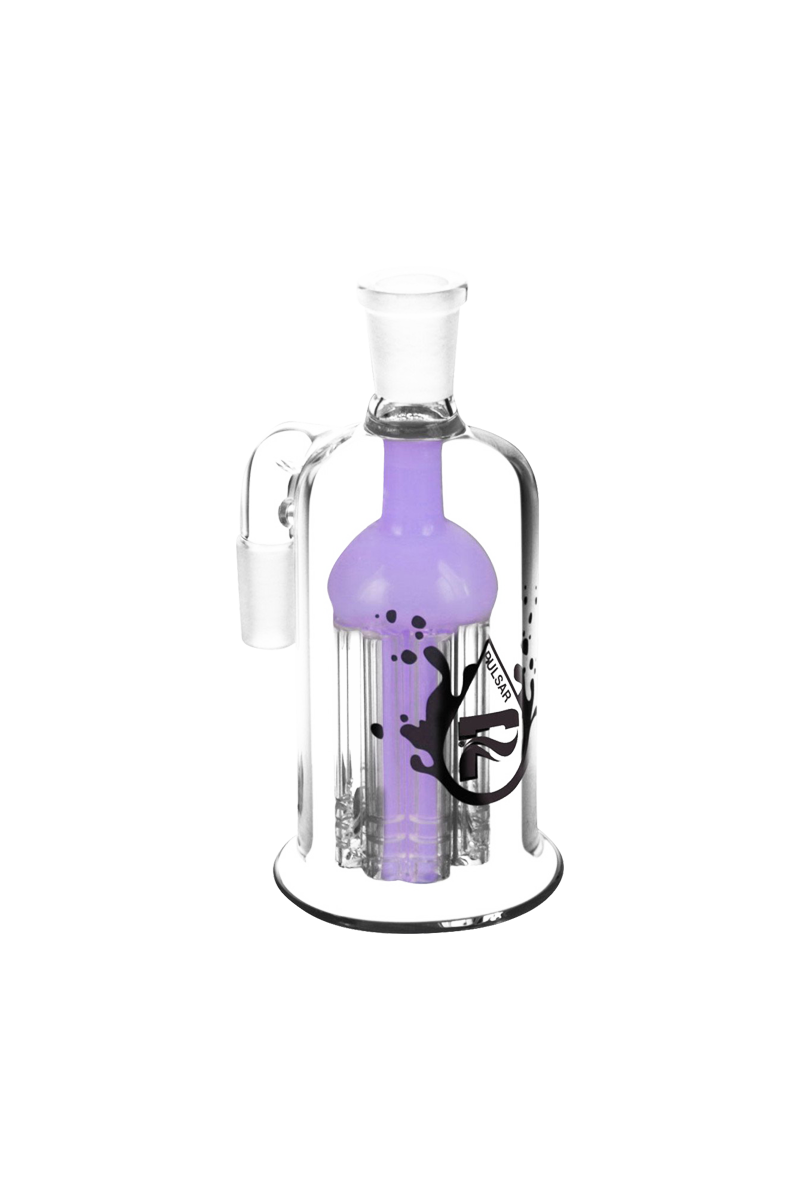 A studio shot of the Pulsar 8 Arm Ash Catcher with a clear glass build and eight evenly spaced arms.