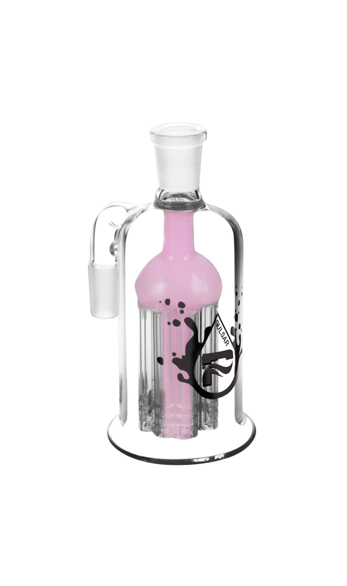 A studio shot of the Pulsar 8 Arm Ash Catcher, showcasing its clear glass construction and multiple arms.