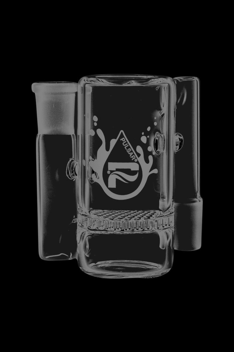 A studio shot of the Pulsar 90° Honeycomb Ash Catcher, displaying its angled joint and clear glass construction.