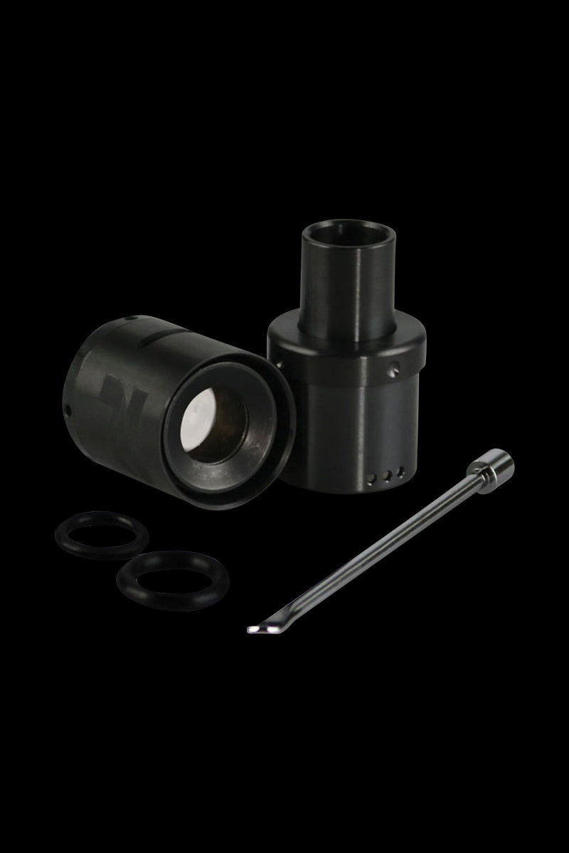 A close-up, angled view of the Pulsar APX VOLT Blackout Atomizer Tank, showing its black metallic construction and cylindrical shape.