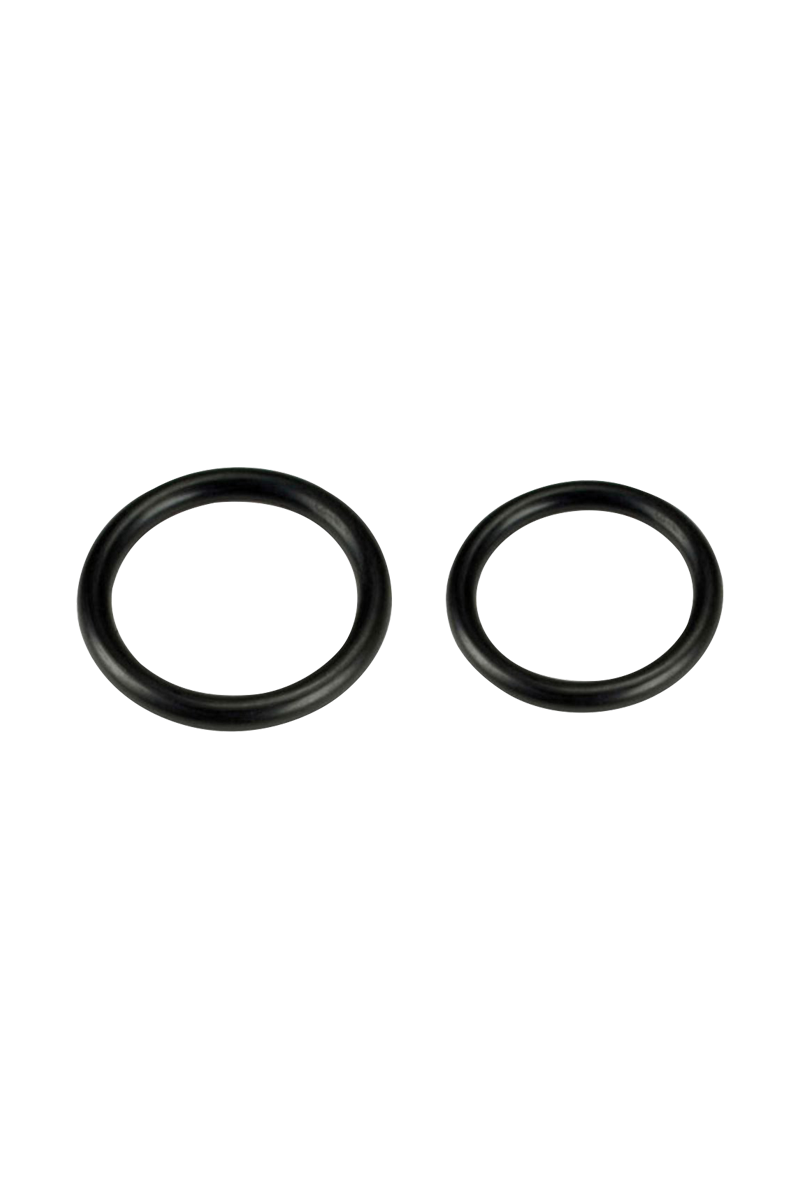 Overhead view of the Pulsar APX Volt Replacement O-Rings Kit - 2 Pack, showing two black rubber rings neatly arranged against a white background.