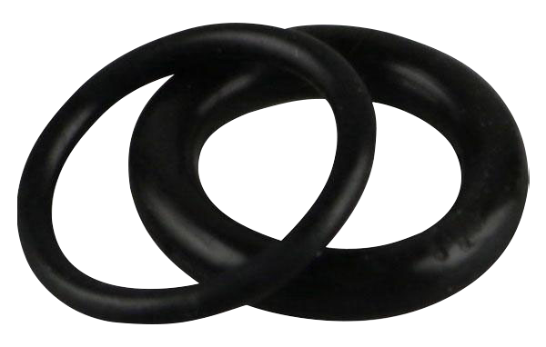 Top-down close-up of two black Pulsar APX Wax/Barb Coil Replacement O-Rings - 2 Pack overlapping on a plain white background.