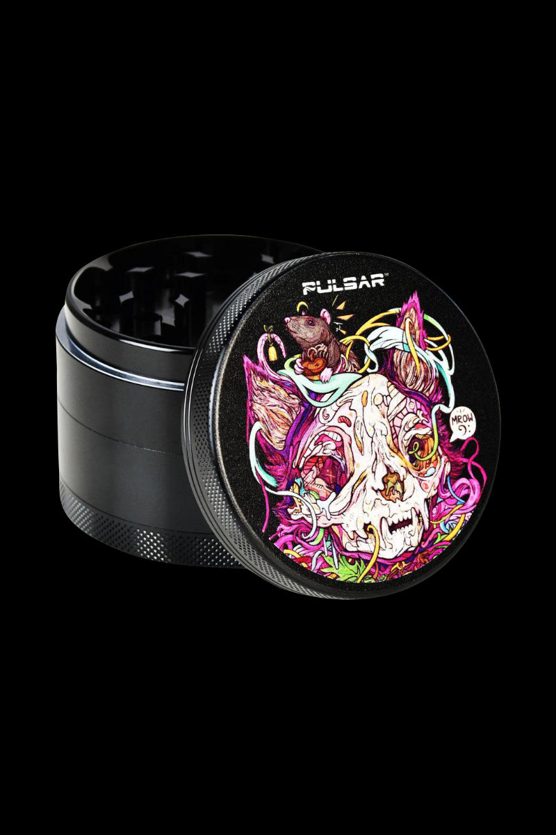 Front view of the Pulsar Artist Series 4-Piece Metal Grinder - MrOw, displaying a detailed, colorful design on its circular metal top.