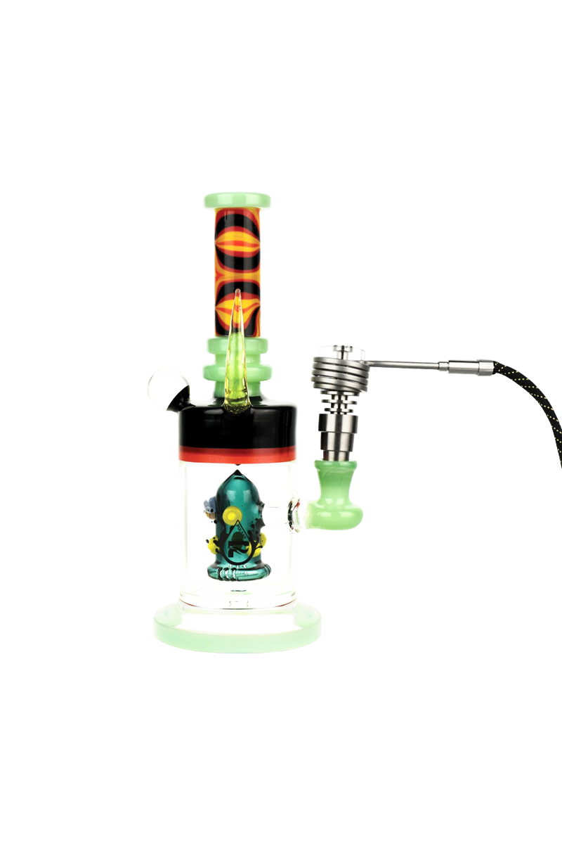 Front view of a colorful glass rig with green accents and a patterned neck paired with the Pulsar Axial Mini eNail Kit.