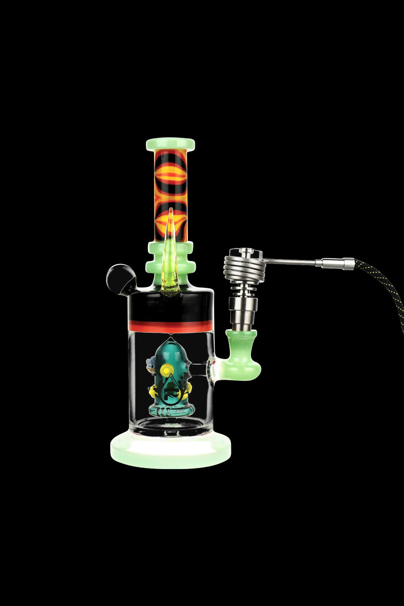 Center-frontal view of a glass rig with neon green accents and a metal Pulsar Axial Mini eNail Kit attachment, set against a black background.