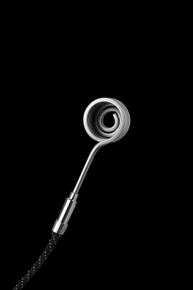 Close-up of the Pulsar Axial Mini eNail Kit heating coil and angled stainless stem against a black background.