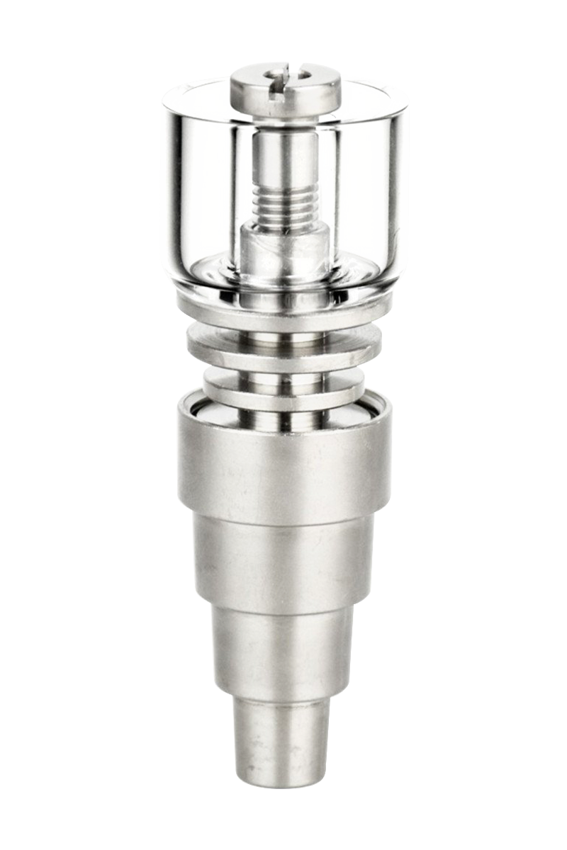 Centered front view of the metallic and glass Pulsar Axial Mini eNail Kit component against a white background, showing stacked rings and a clear top chamber.