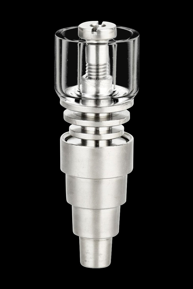 Close-up front view of the stainless and glass heating tip of the Pulsar Axial Mini eNail Kit against a black background.