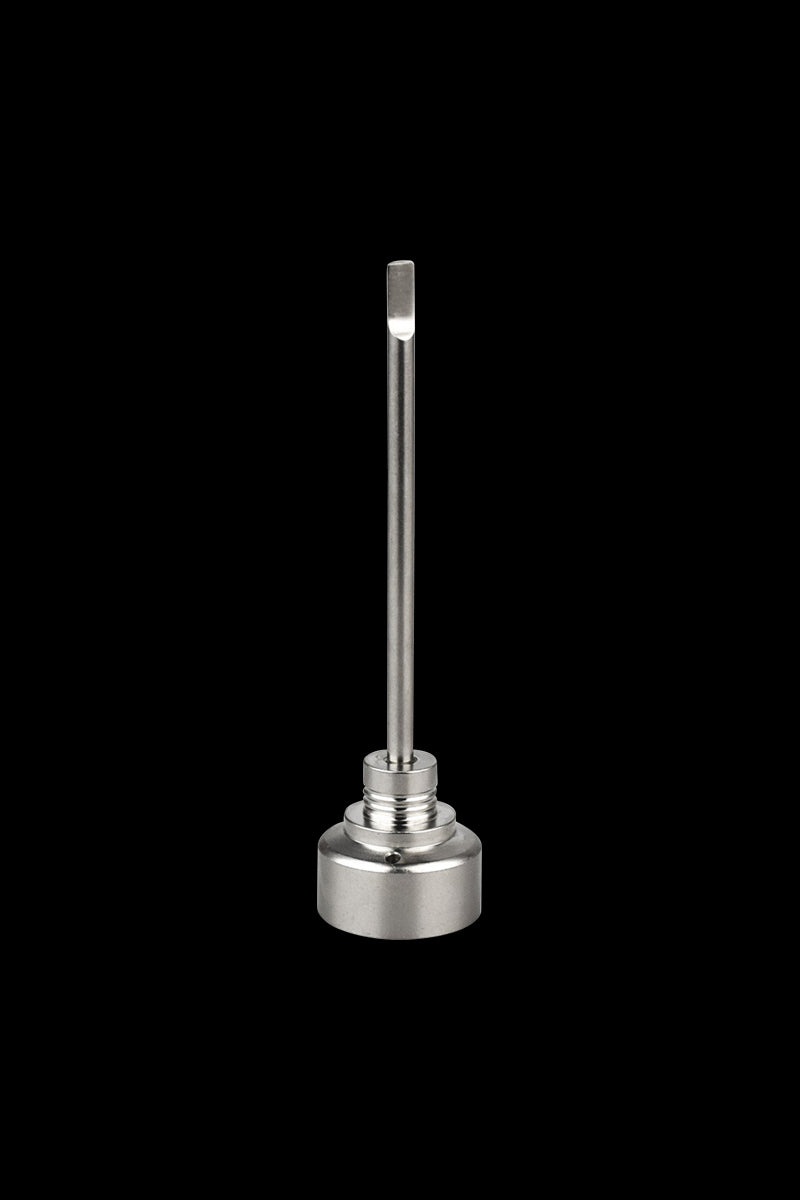 Centered studio shot of the metallic Pulsar Axial Mini eNail Kit nail standing upright against a black background