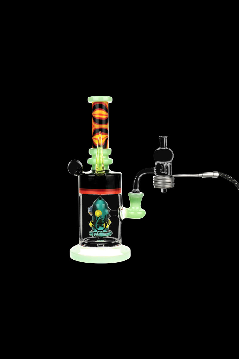 Centered front view of the Pulsar Axial Mini eNail Kit showing a clear glass water chamber with neon green accents, a patterned orange-red neck, and attached e-nail rig against a black background