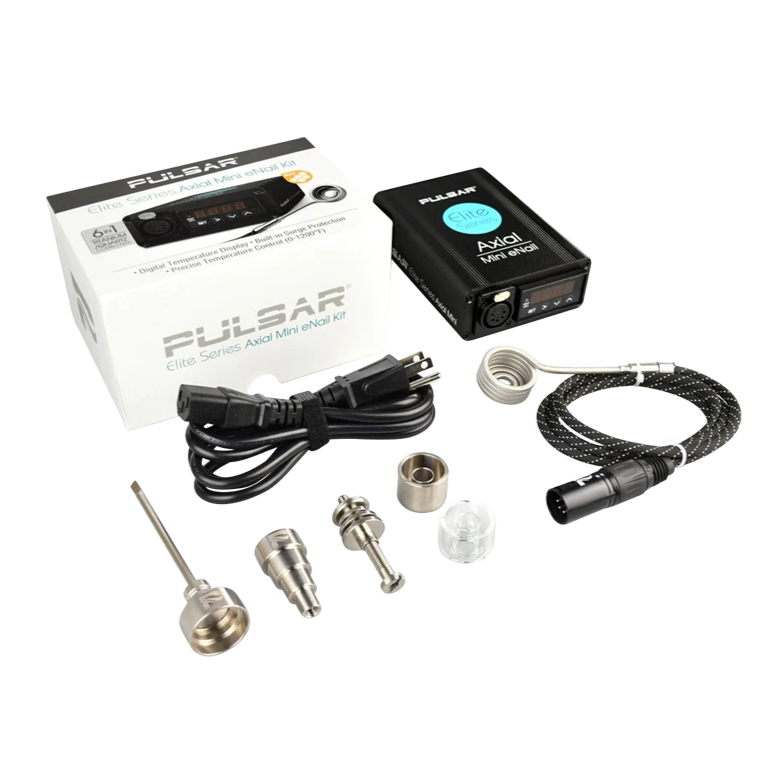 Angled top-down view of the Pulsar Axial Mini eNail Kit showing the black controller, braided cable, power cord, box, and metal nail components arranged on white.