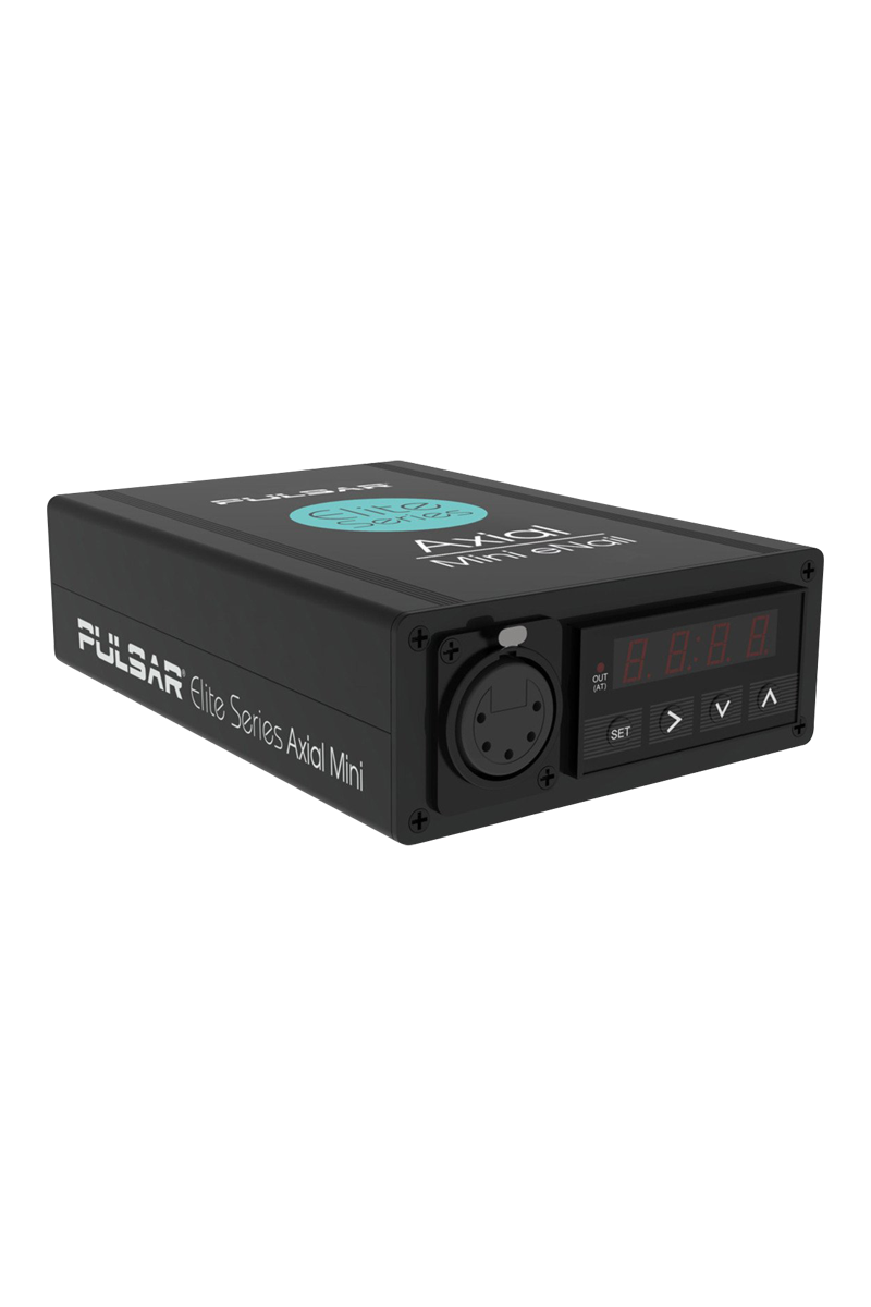 Angled front view of the black Pulsar Axial Mini eNail Kit showing its digital display, control buttons, and circular connector on a white background.
