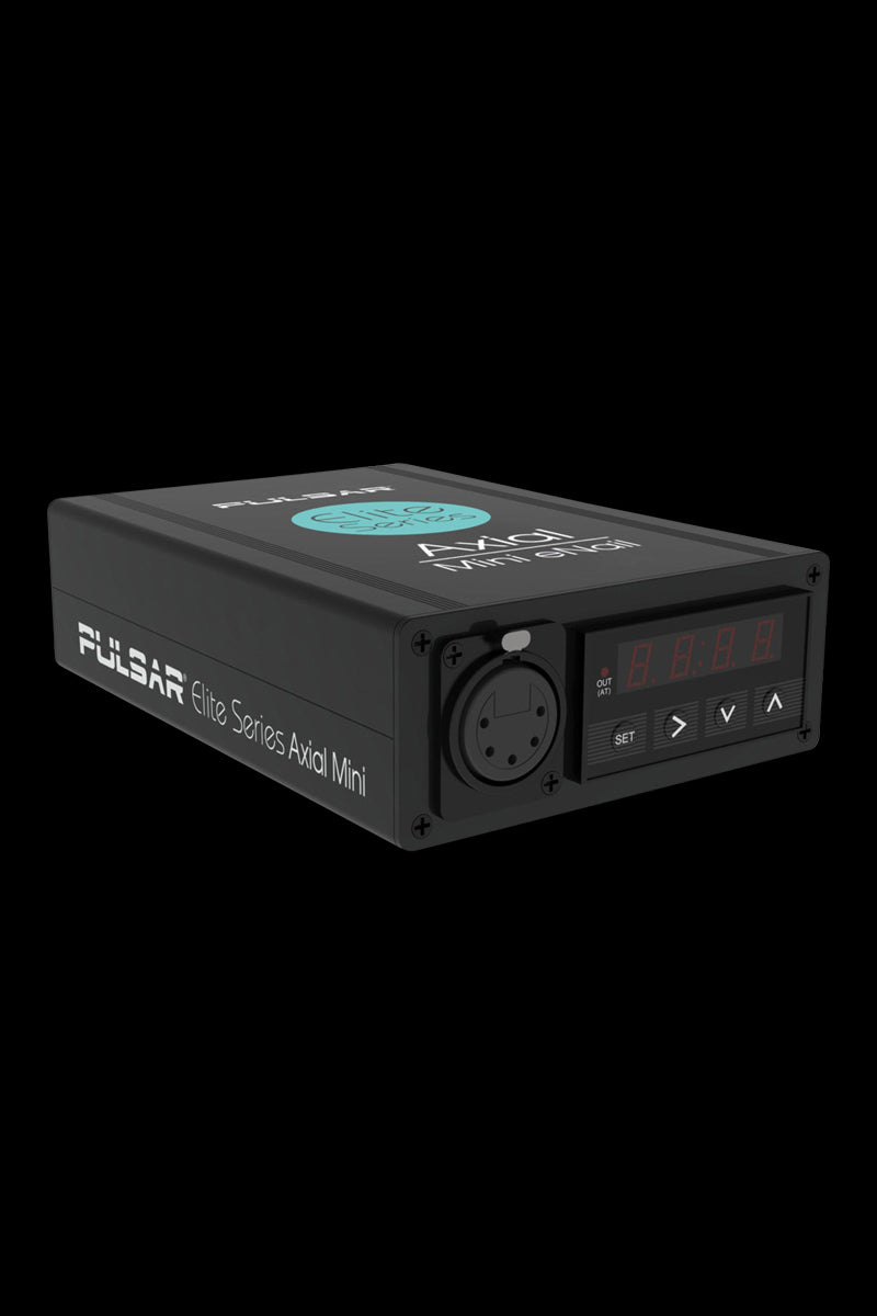 Angled front view of the Pulsar Axial Mini eNail Kit showing its black rectangular body, LED display and circular connector against a black background