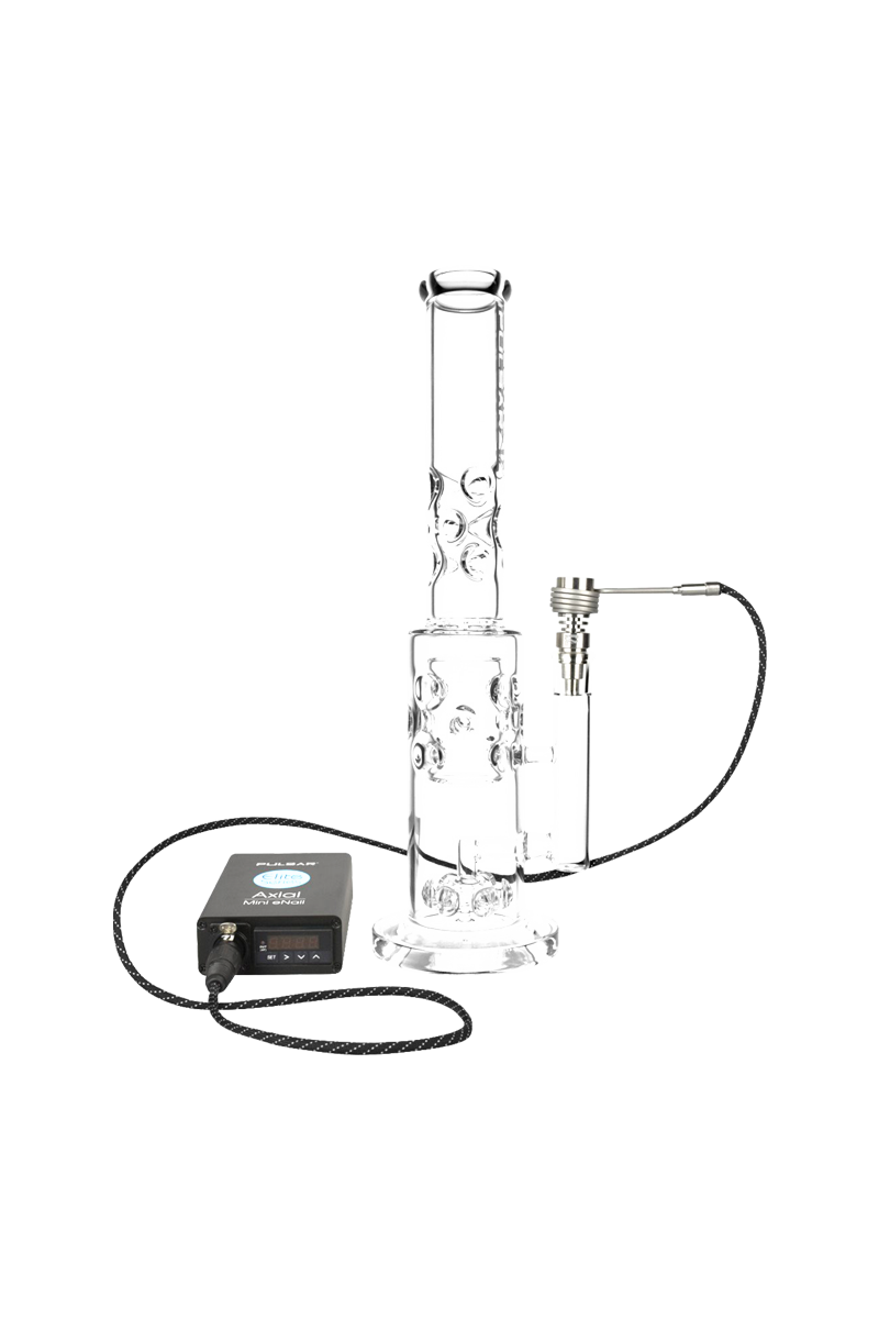 Front view of a clear glass rig paired with the Pulsar Axial Mini eNail Kit controller and coiled cable on a white background.