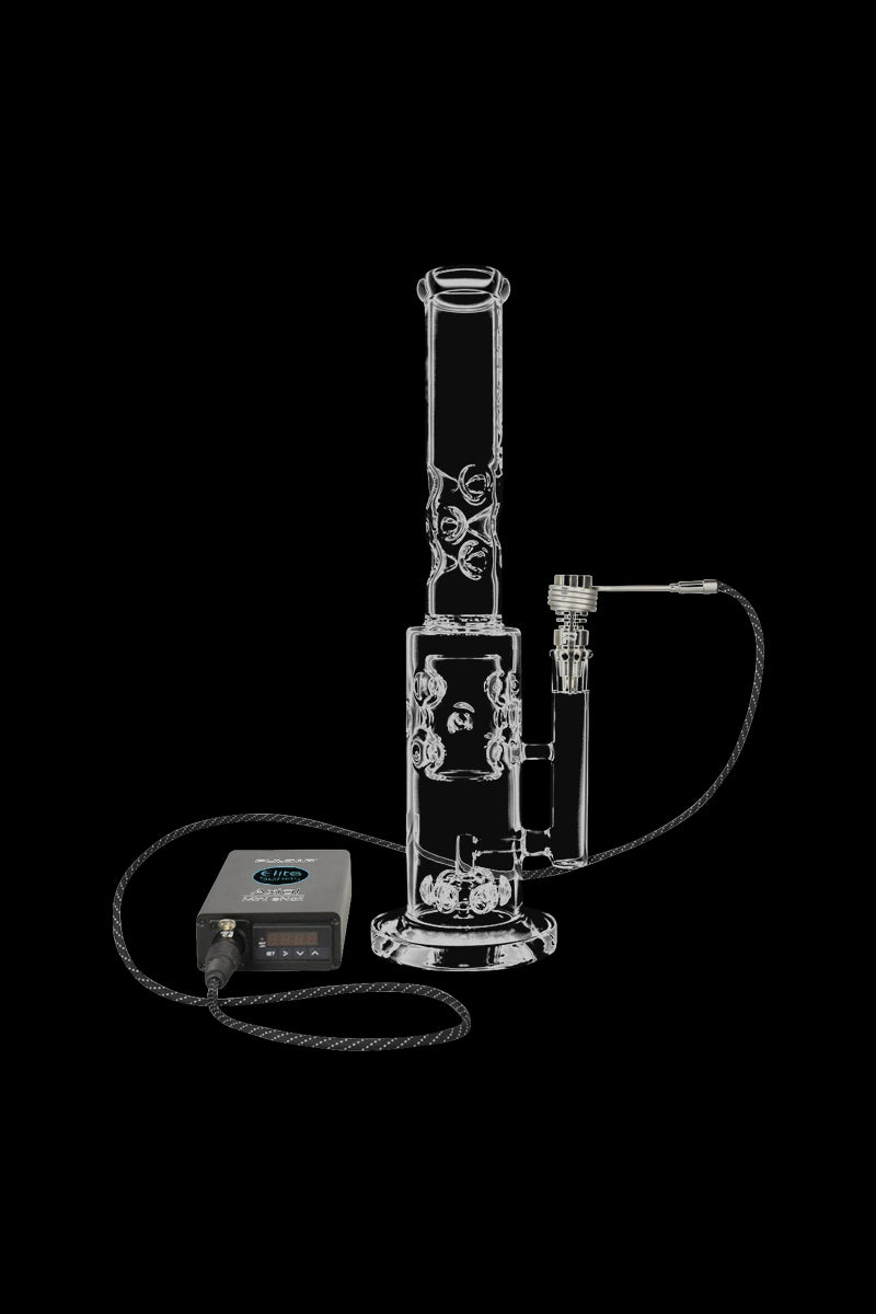 Centered front view of a clear glass rig with a connected digital controller, labeled Pulsar Axial Mini eNail Kit, set against a black background