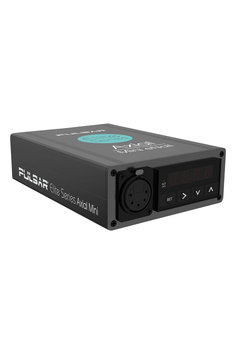 Angled front view of the black Pulsar Axial Mini eNail Kit showing its connector port, LED display and control buttons.