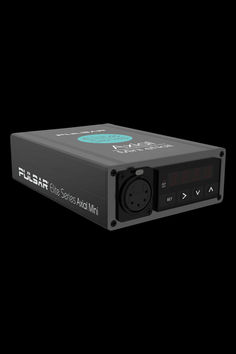 Angled front view of the gun metal Pulsar Axial Mini eNail Kit showing its control panel, circular connector, and logo-printed top against a black background