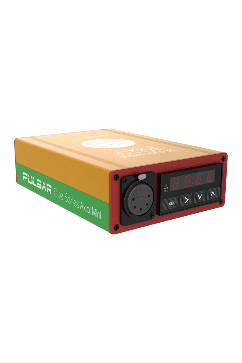 Angled front view of the Pulsar Axial Mini eNail Kit showing its red faceplate with LED display and gold-green metal body.