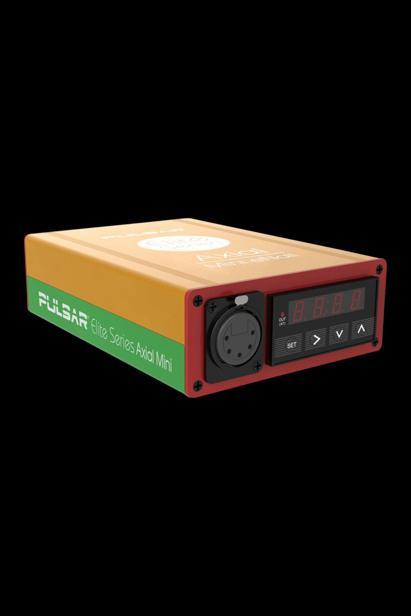 Angled front view of the Pulsar Axial Mini eNail Kit showing its orange and green rectangular chassis, digital display, and connector.