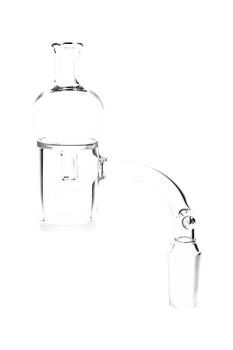 A studio shot of the Pulsar Axial Opal Quartz Banger with Bubble Cap, angled to display its clear quartz construction.