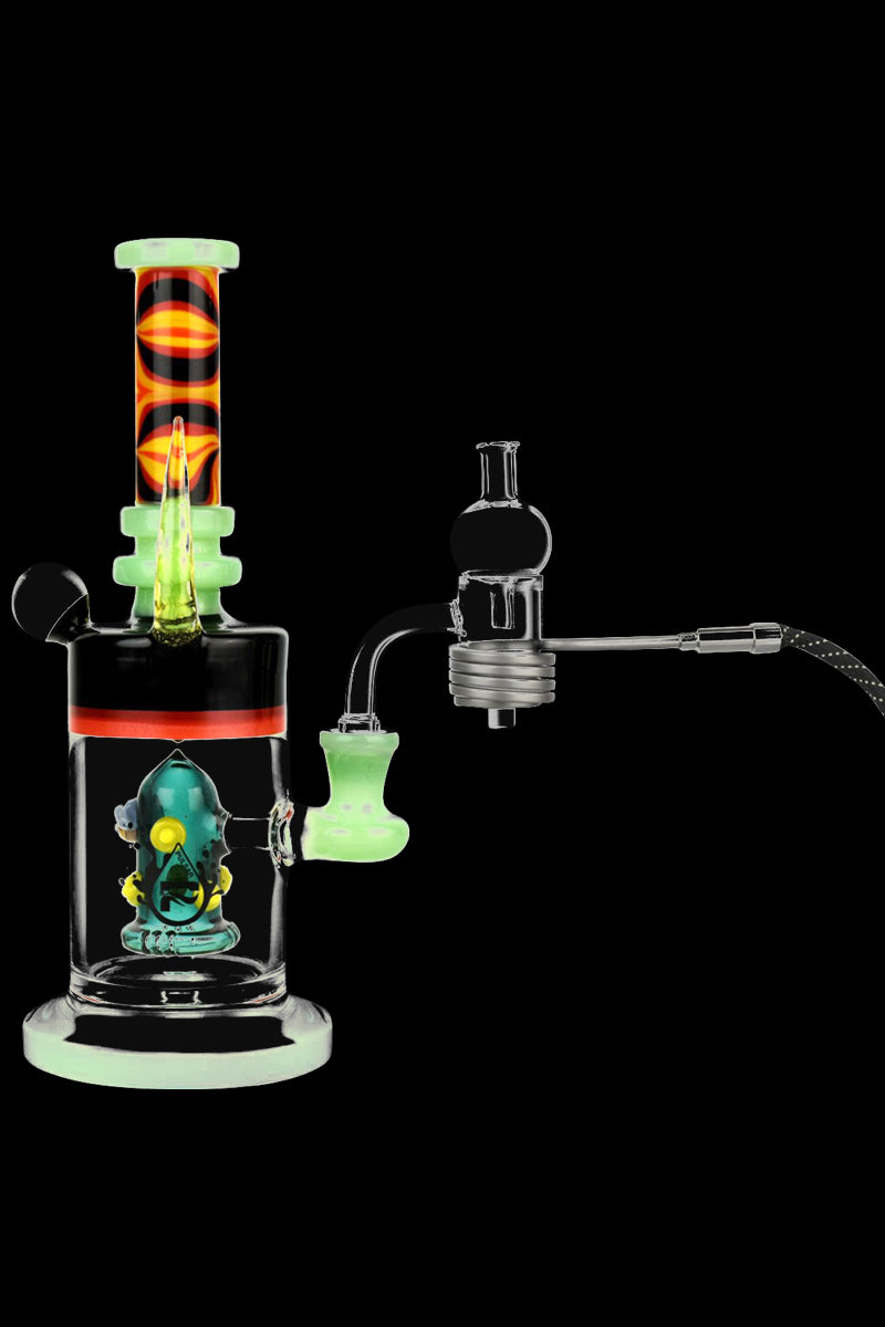 A close-up showcases the Pulsar Axial Opal Quartz Banger with Bubble Cap, displaying its reflective surface and curved design against a black backdrop.