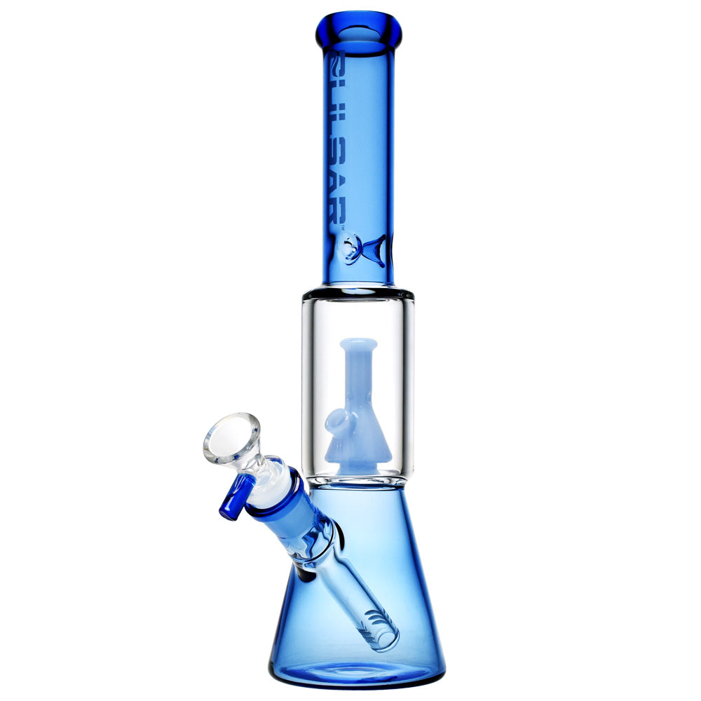 A front view of the Pulsar Beaker on Beaker water pipe, showcasing its layered beaker base and clear glass construction.