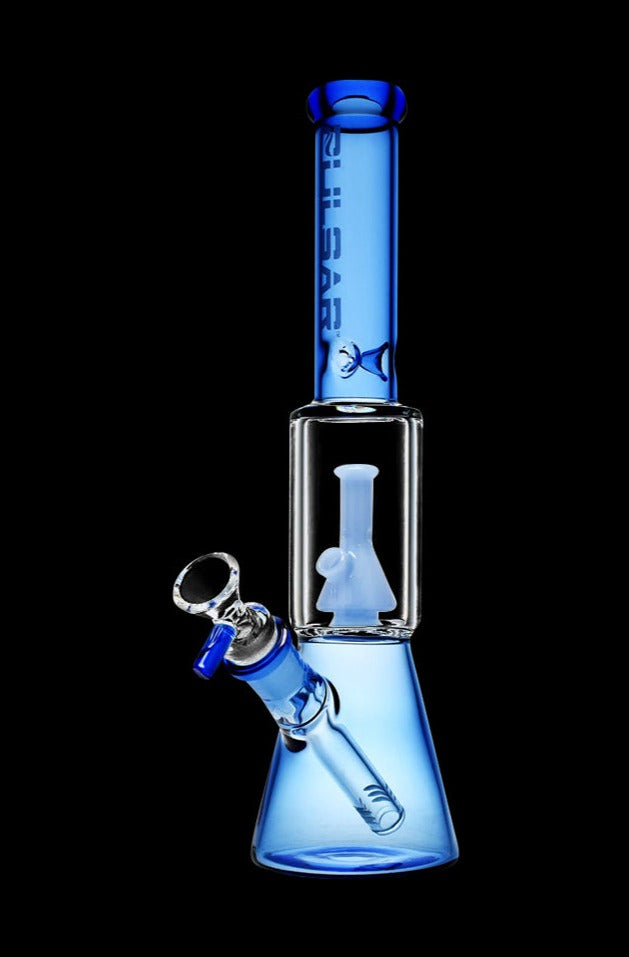Front view of the Pulsar Beaker on Beaker Water Pipe, showcasing the double beaker design in clear glass against a black background.