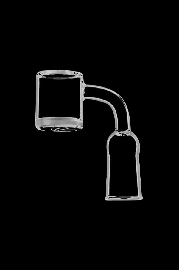 Side view of a clear glass Pulsar Beveled Edge Quartz Banger against a black background showing the bucket, angled neck, and 14.5mm female joint.