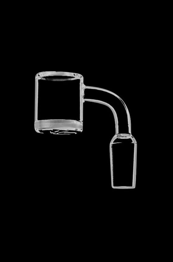 Centered close-up of a clear glass Pulsar Beveled Edge Quartz Banger against a black background showing the bucket, curved neck, and male joint.