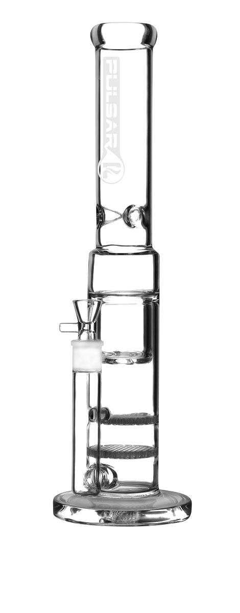 A studio shot of the Pulsar Double Honeycomb Inverted Showerhead Perc Bong, showcasing its clear glass construction and intricate perc design.