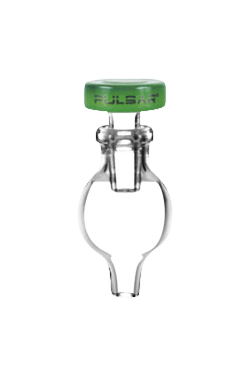 A close-up shot of the Pulsar Bubble Carb Cap with Stop & Airflow Control, featuring a clear glass design with a visible joint.