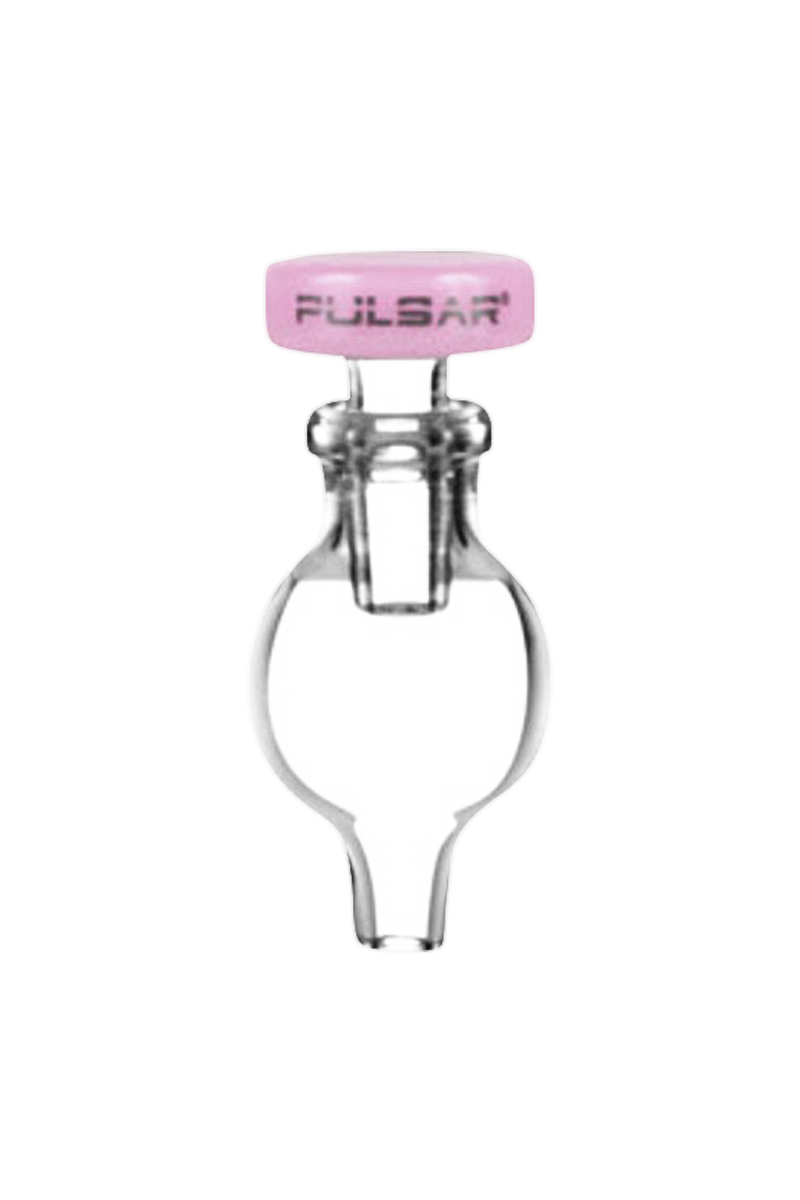 Close-up of the Pulsar Bubble Carb Cap with Stop & Airflow Control, displaying its clear glass construction and circular design.
