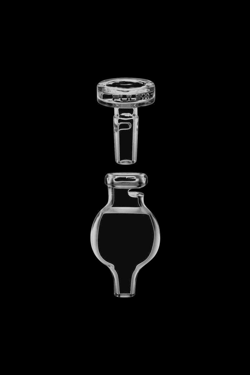 A close-up, angled view of the Pulsar Bubble Carb Cap with Stop & Airflow Control, showcasing its clear glass construction.