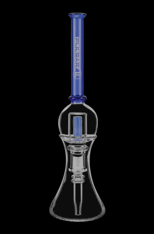 A studio shot of the Pulsar Bubble Vapor Vessel with Quartz Tip & Stand, featuring a clear glass body and sleek, minimalist design.