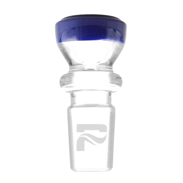 Straight-on view of a clear glass Pulsar Color Ring Herb Slide with a prominent blue color ring at the bowl rim against a white background