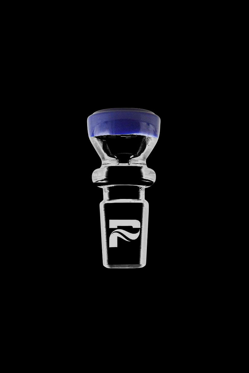 Centered front view of the Pulsar Color Ring Herb Slide showing a clear glass body with a blue color ring rim and white Pulsar logo on a black background