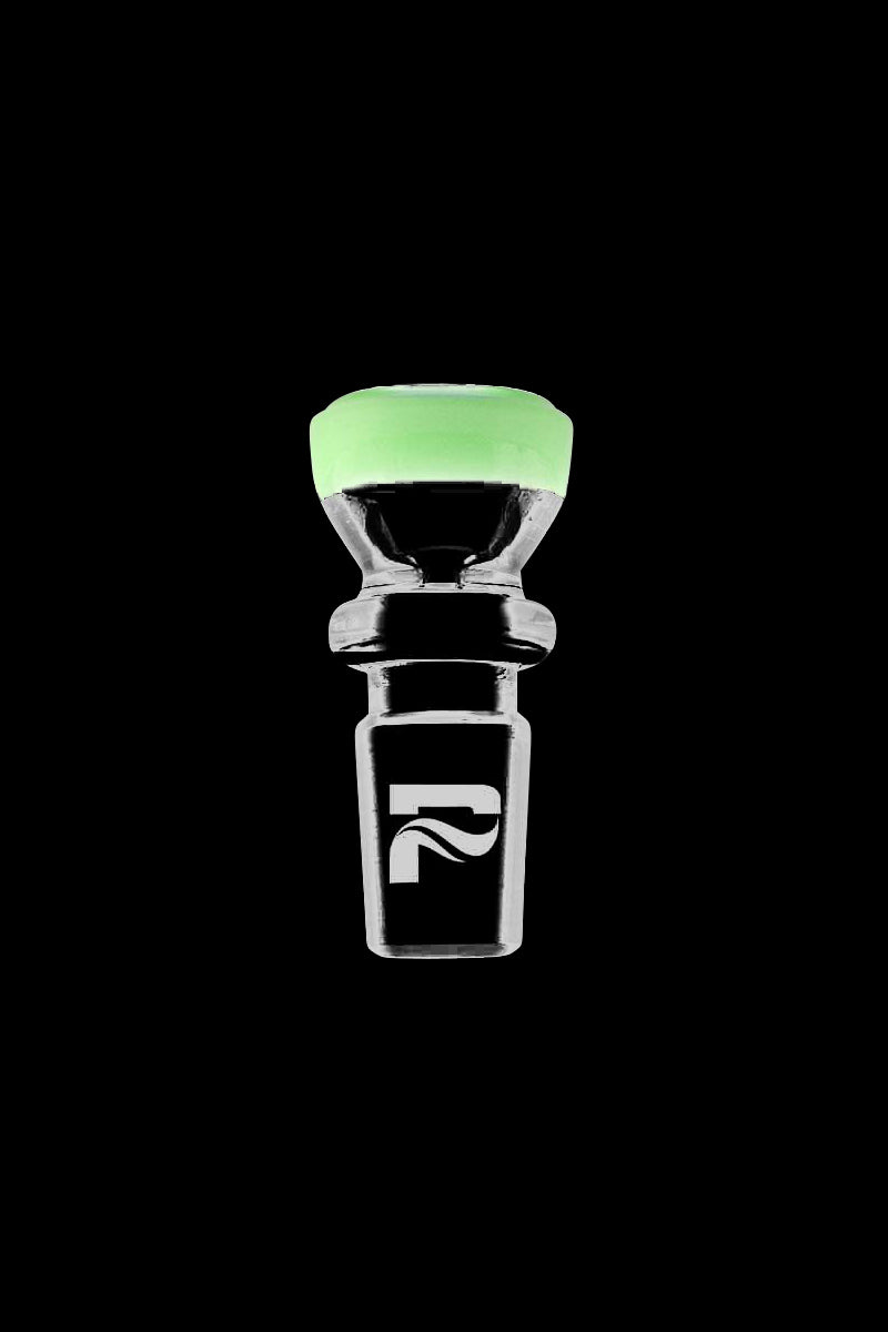 Center-frontal view of the Pulsar Color Ring Herb Slide with a mint green top and clear glass stem against a black background