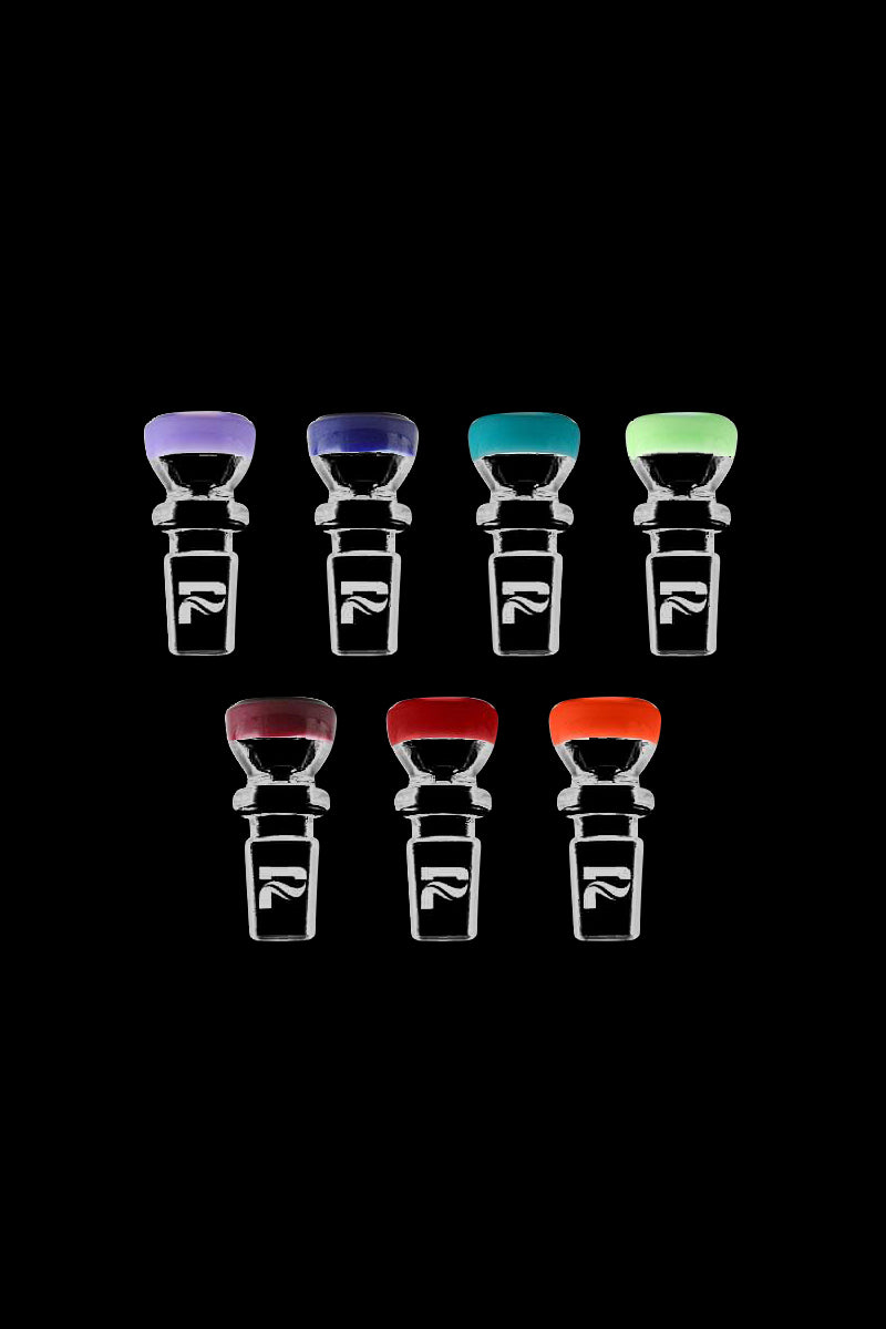 Grid of seven Pulsar Color Ring Herb Slide pieces shown front-on against a black background, each with brightly colored rimmed bowls.