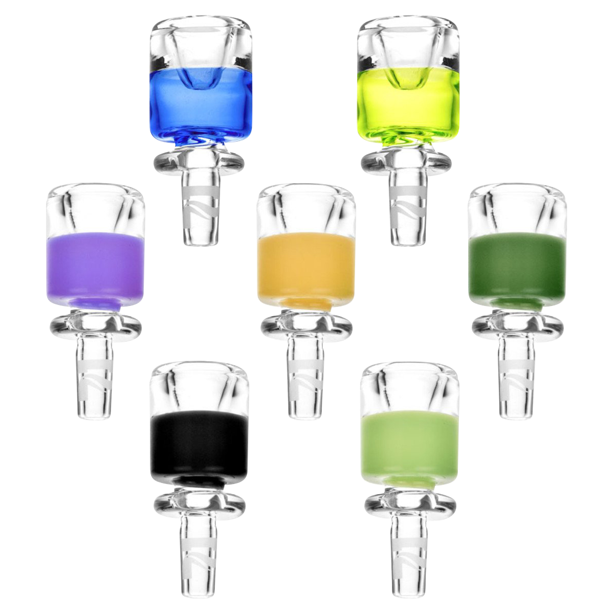Top-down view of seven colorful glass pieces arranged in a grid, the Pulsar Colored Glass Herb Slide showing blue, lime, purple, yellow, green, black, and pale green inserts.