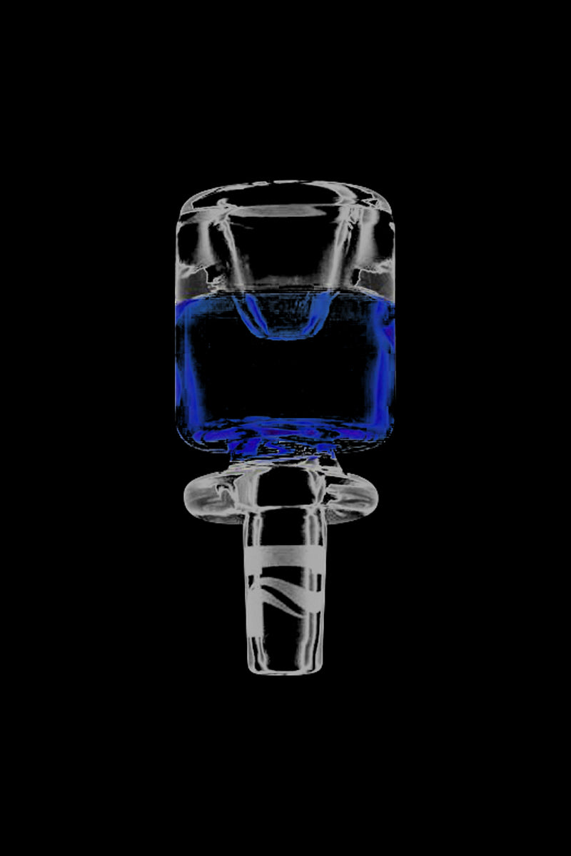 Center-frontal view of the Pulsar Colored Glass Herb Slide showing a clear glass piece with a deep blue band around the bowl against a black background