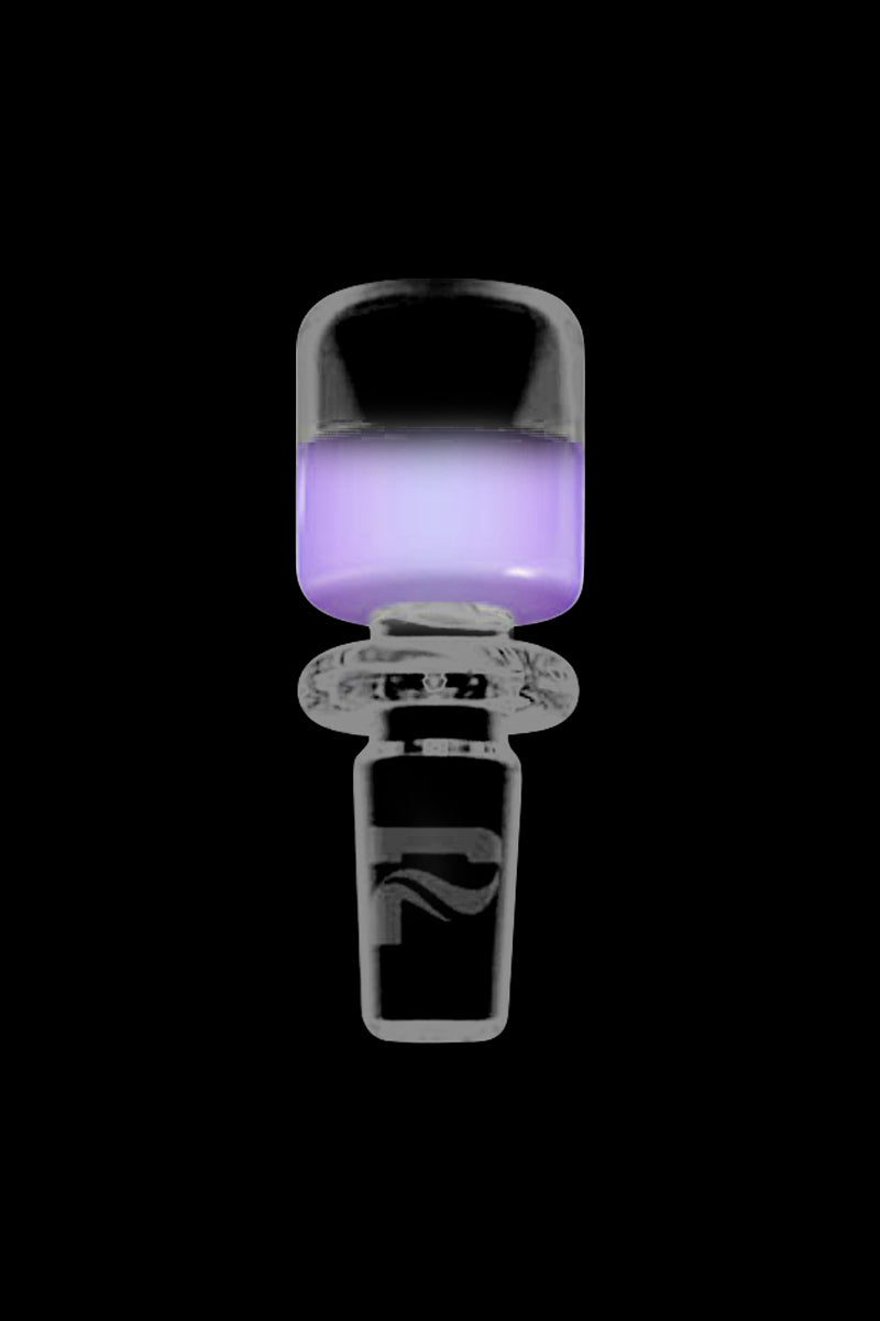 Centered close-up of the Pulsar Colored Glass Herb Slide showing a translucent purple-tinted bowl and clear glass joint against a black background