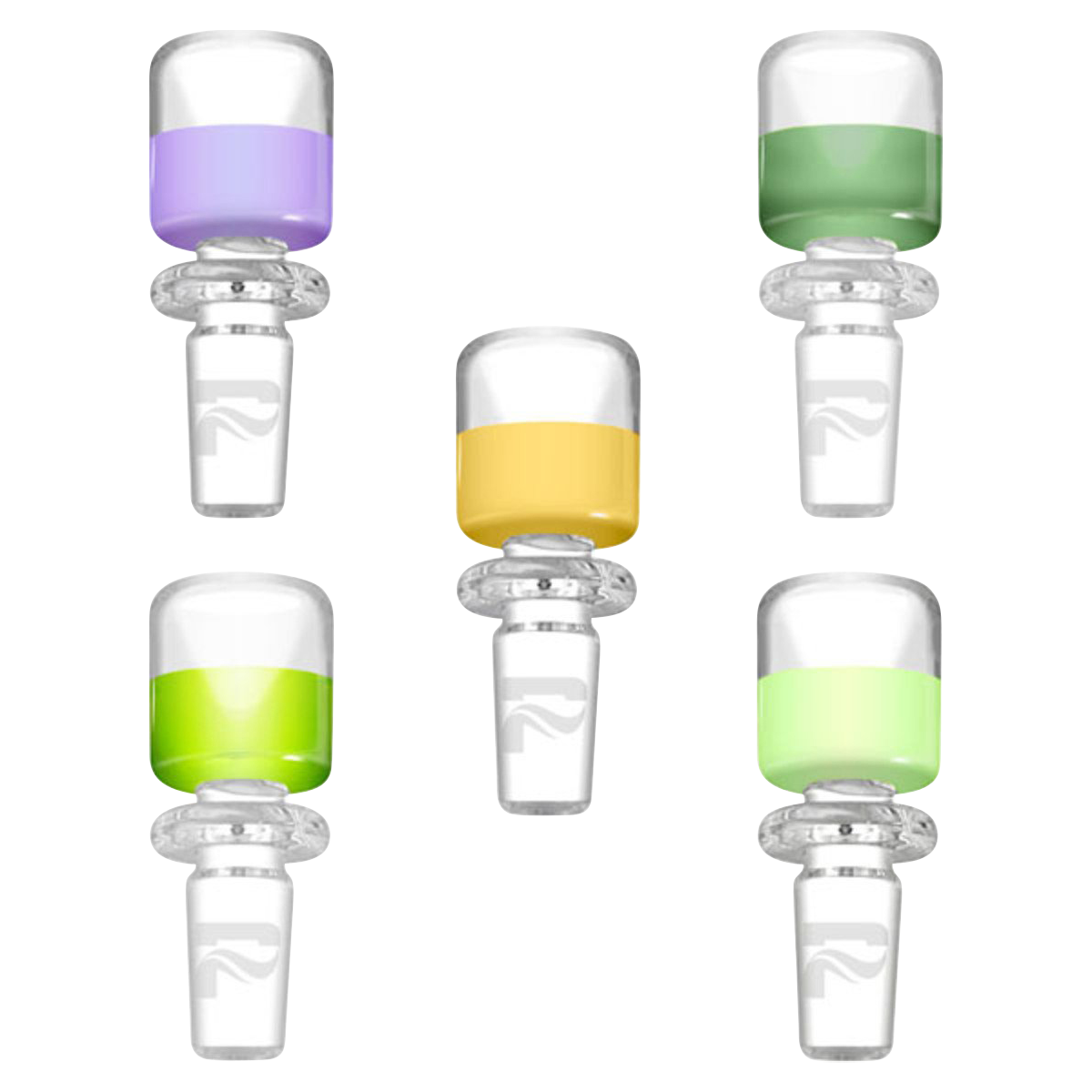 Top-down view of five brightly banded Pulsar Colored Glass Herb Slide pieces—purple, yellow, green and lime accents on clear glass arranged in a cross.