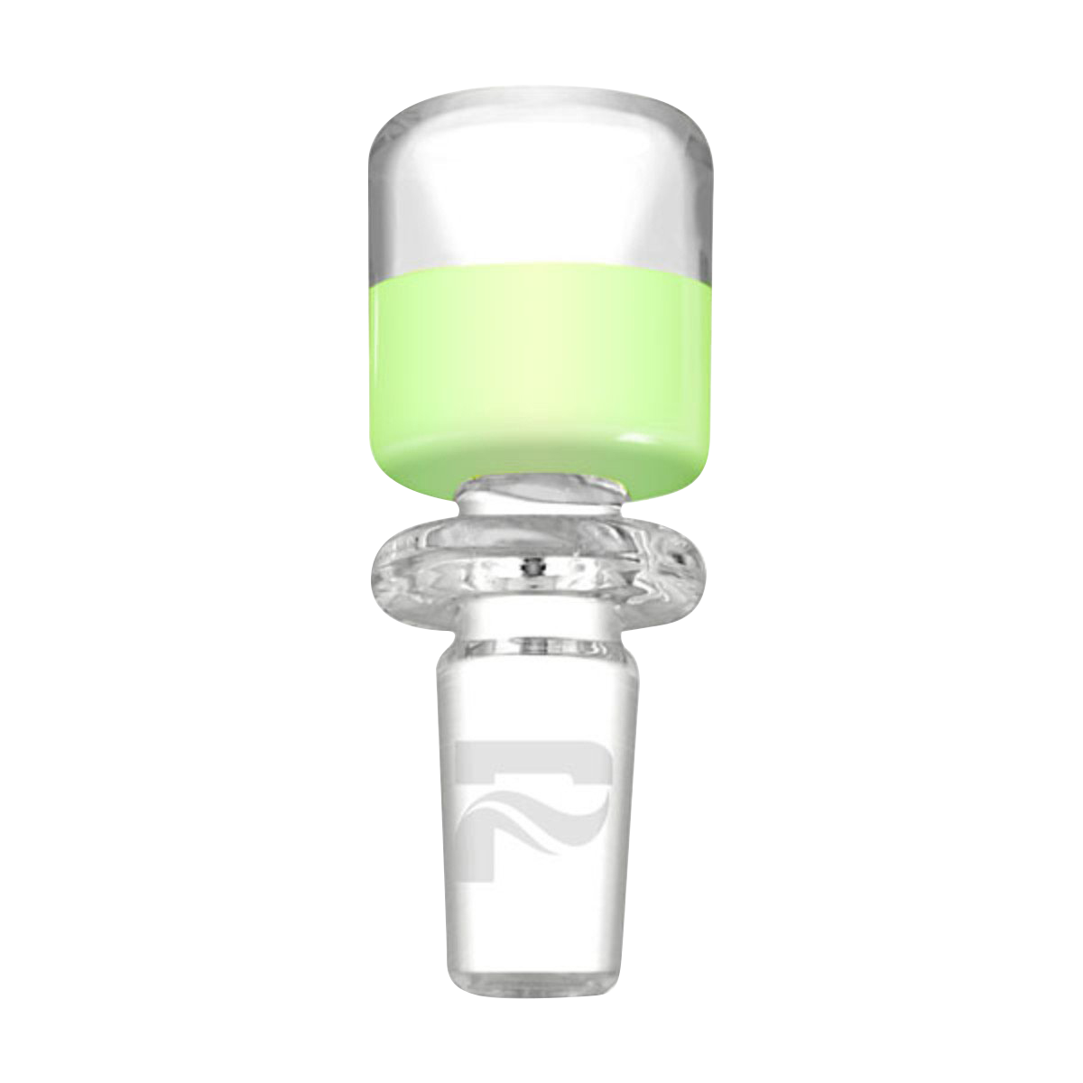 Straight-on view of a clear glass Pulsar Colored Glass Herb Slide with a lime-green band near the bowl and white background