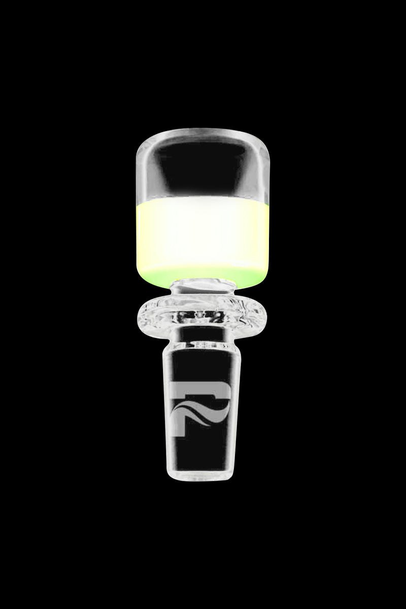 Centered close-up of a Pulsar Colored Glass Herb Slide showing a clear glass bowl with a pale yellow-green band and a frosted logo on the stem.