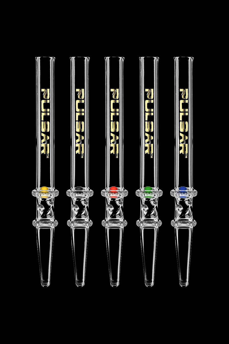 A studio shot of the 5 Pulsar Dab Straws with Spin Pearls arranged vertically against a black background.