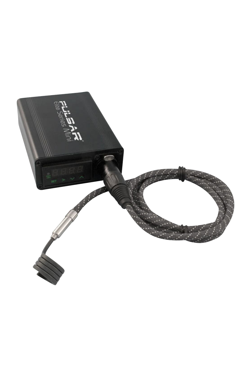 A close-up, angled view of the Pulsar "Elite Series" Mini eNail Kit with Universal Nail, showcasing its black box and coiled cord.