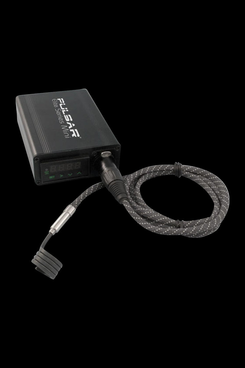 A close-up shot of the Pulsar "Elite Series" Mini eNail Kit with Universal Nail, displaying its black box and coiled cord against a dark background.