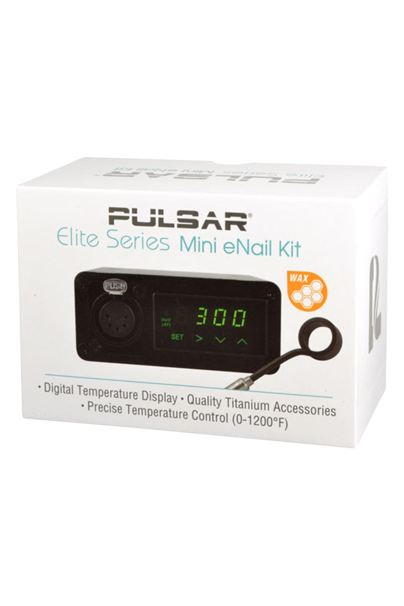 Close-up of the Pulsar “Elite Series” Mini eNail Kit with a digital display showing the temperature, on a dark surface.
