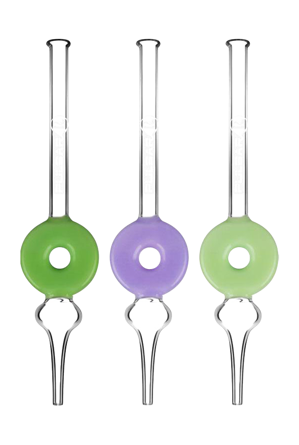 Front-facing trio of glass Pulsar Frosted Donut Dab Straw pieces with green, purple, and pale green frosted donut rings on clear stems.