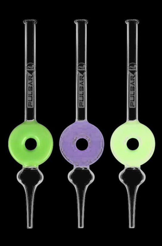 Three vertical Pulsar Frosted Donut Dab Straw units shown front-on against black, each with a frosted colored donut midsection.